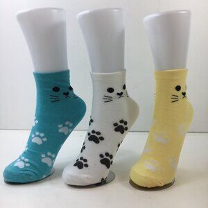 Womens Cat Paw Print Ankle Socks 3 Pack Whisker Design Blue White Yellow
